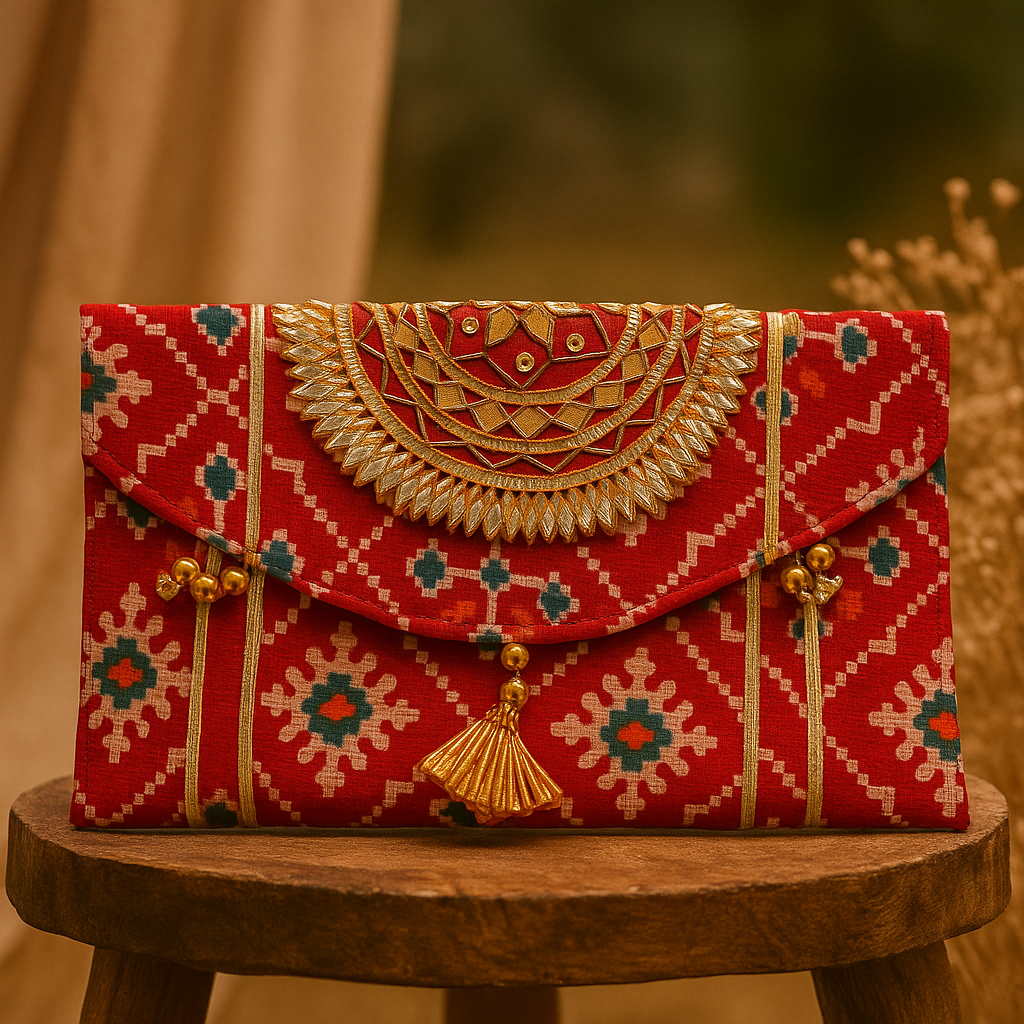 Bandhani Gota Clutch - Red