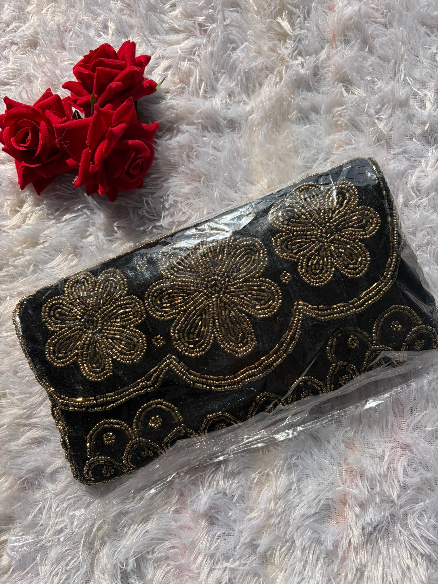 Velvet Embellished Clutch - Black