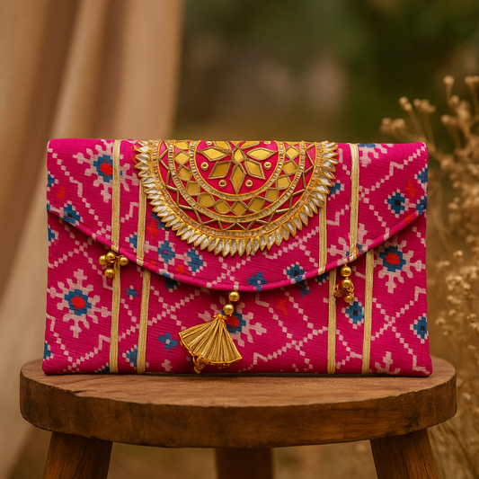 Bandhani Gota Clutch - Pink