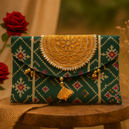 Bandhani Gota Clutch - Green