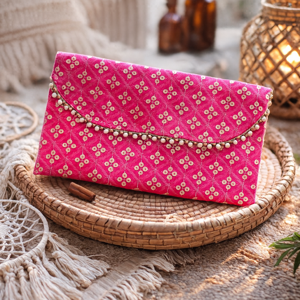 Pink clutch bag with gold patterns on a woven mat with bottles and plants in the background