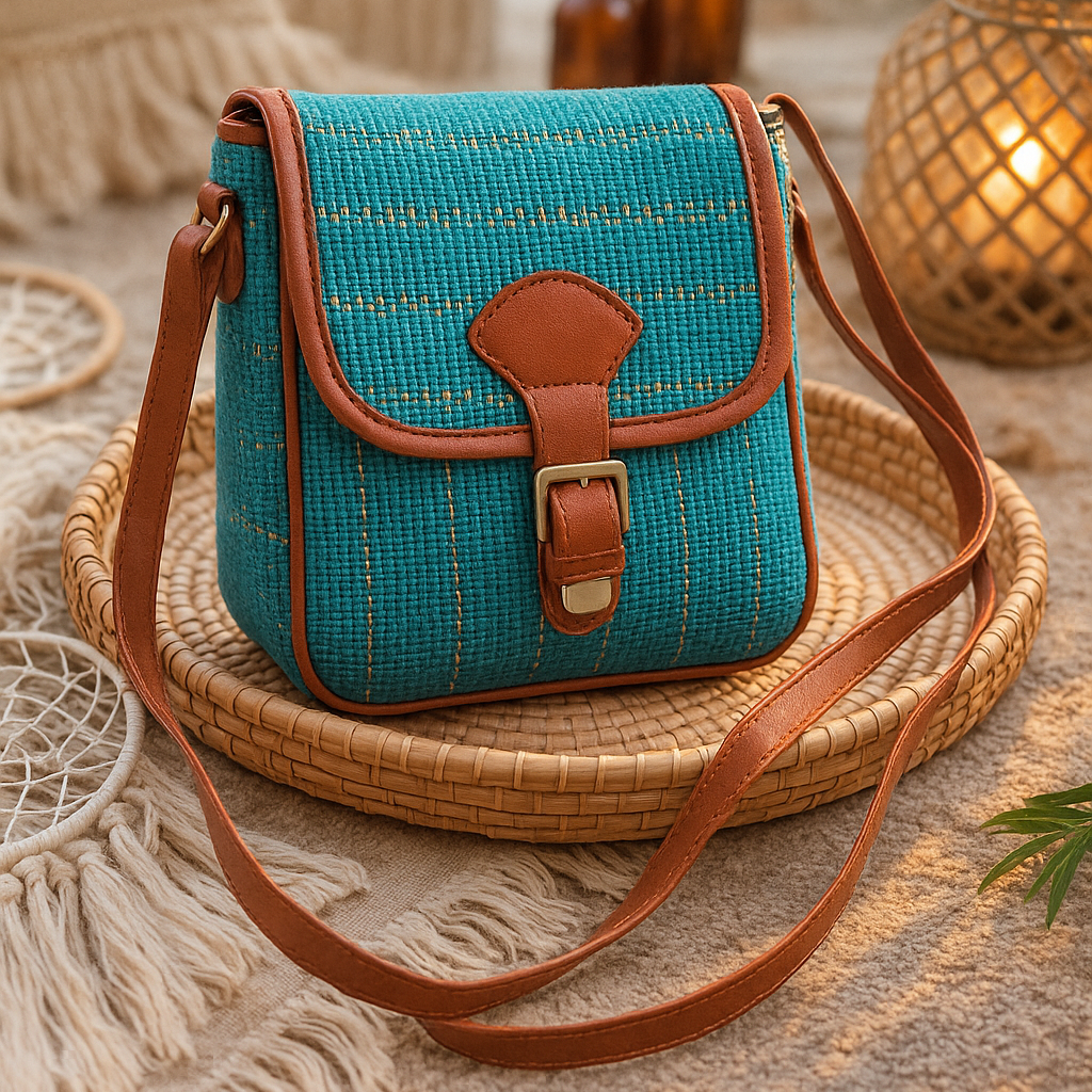 Blue woven handbag with brown leather accents on a textured surface with plants and bottles in the background