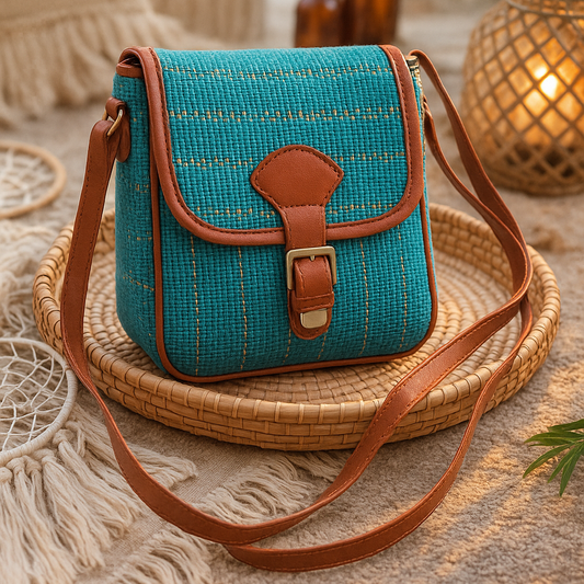 Blue woven handbag with brown leather accents on a textured surface with plants and bottles in the background