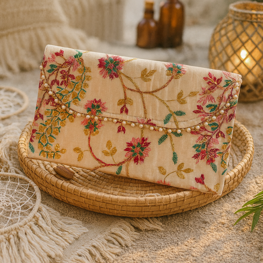 Floral embroidered clutch bag on a woven surface with bottles and plants in the background