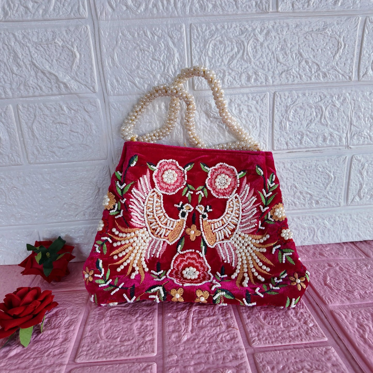Velvet Peacock Hand Bag-Red