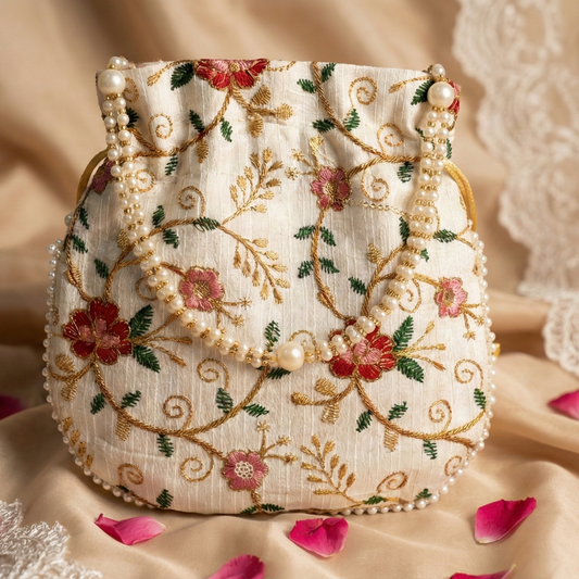 Decorative handbag with floral embroidery on a lace fabric background