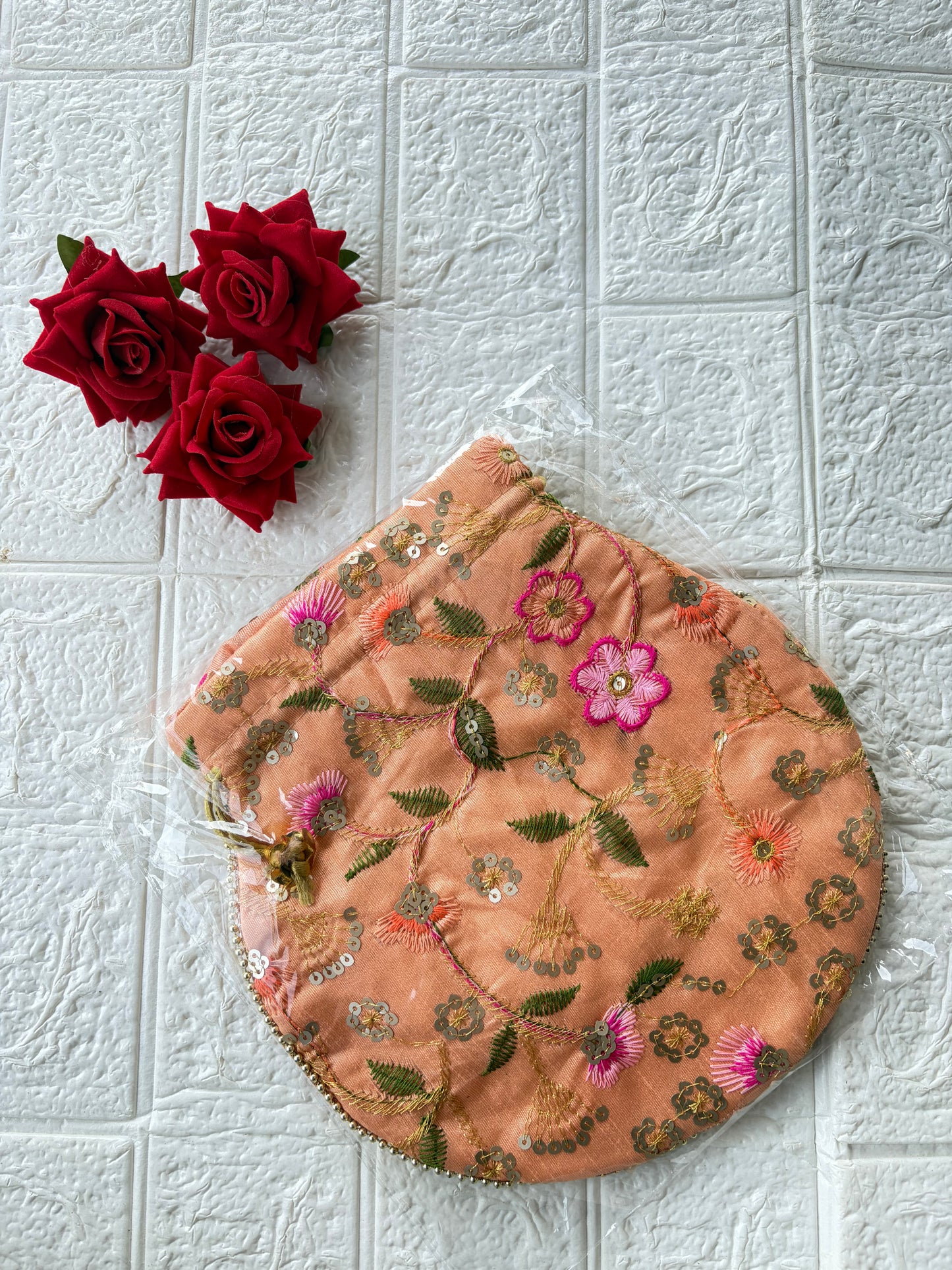 Flower Embroidered Potli Bag -Coral