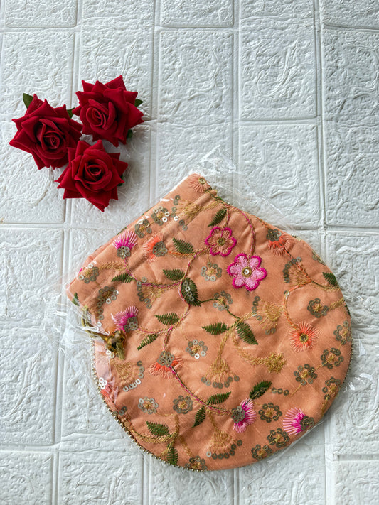 Flower Embroidered Potli Bag -Coral