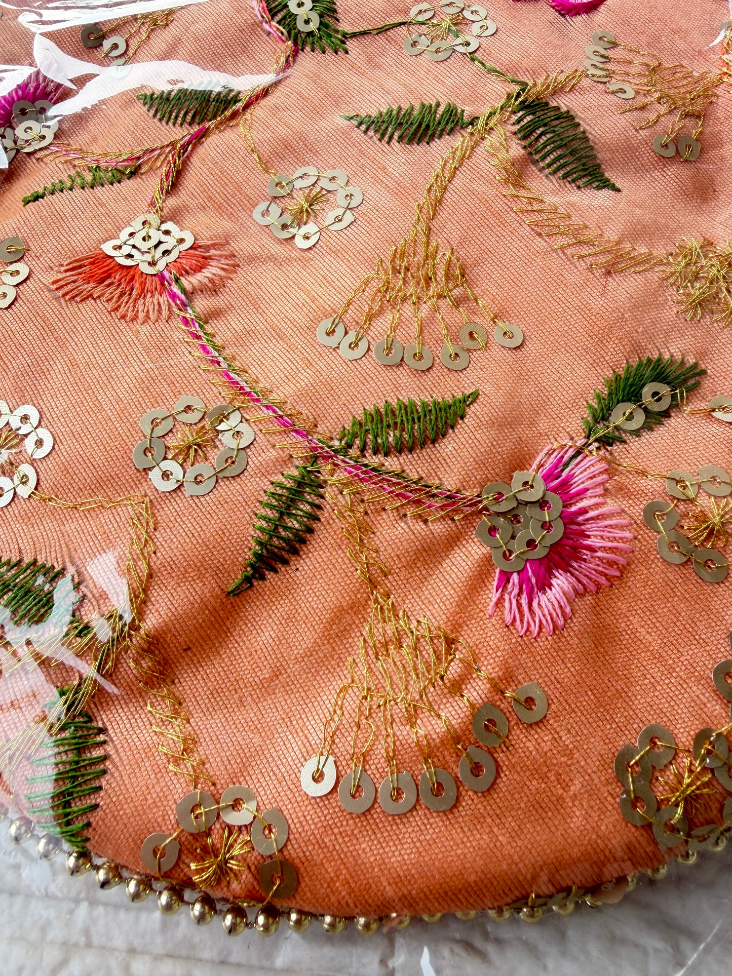 Flower Embroidered Potli Bag -Coral