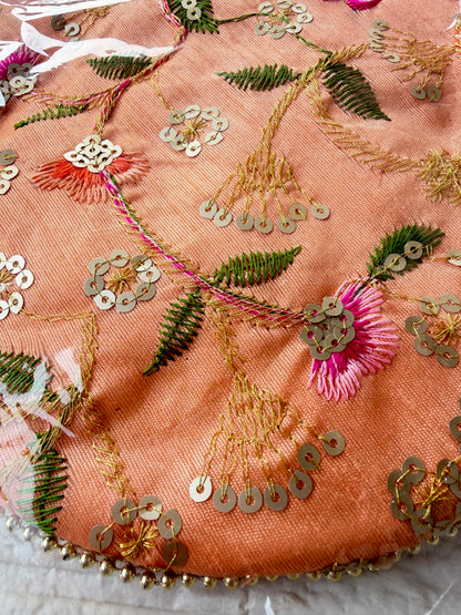 Flower Embroidered Potli Bag -Coral