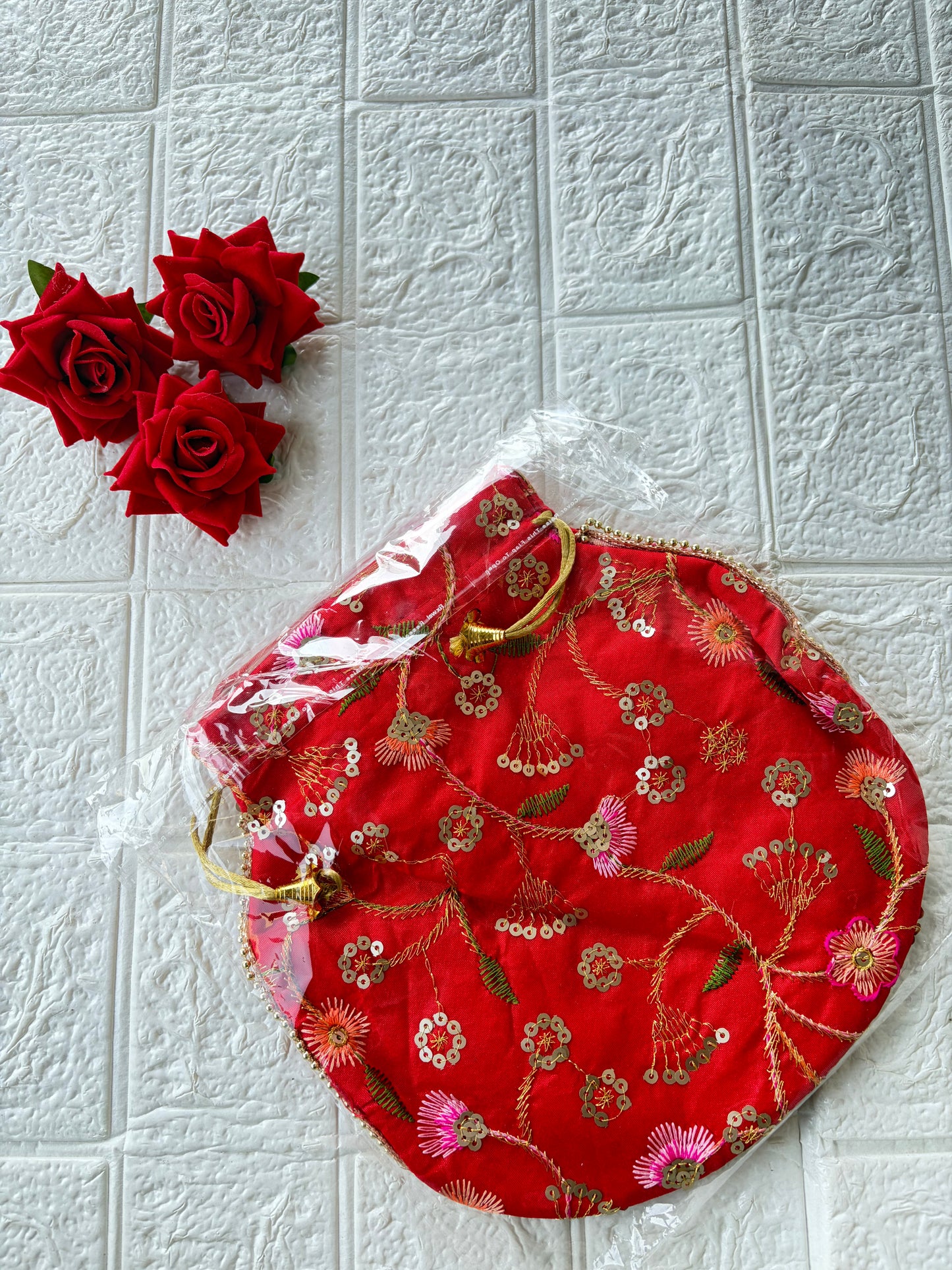 Flower Embroidered Potli Bag -Red