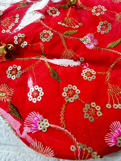 Flower Embroidered Potli Bag -Red