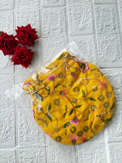 Flower Embroidered Potli Bag -Yellow