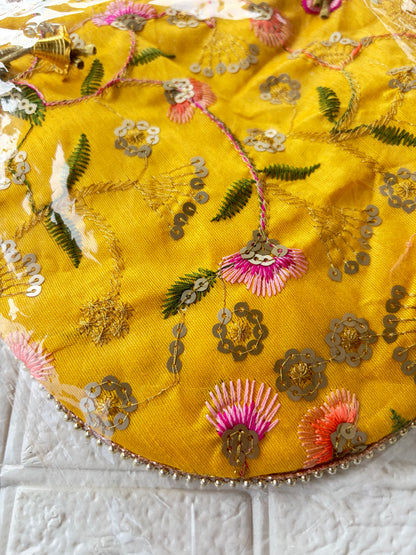 Flower Embroidered Potli Bag -Yellow