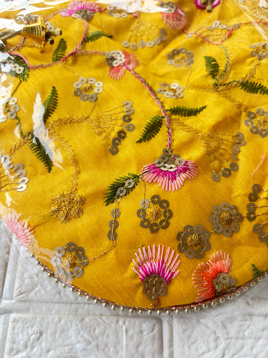 Flower Embroidered Potli Bag -Yellow