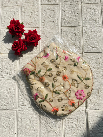 Flower Embroidered Potli Bag -Biege