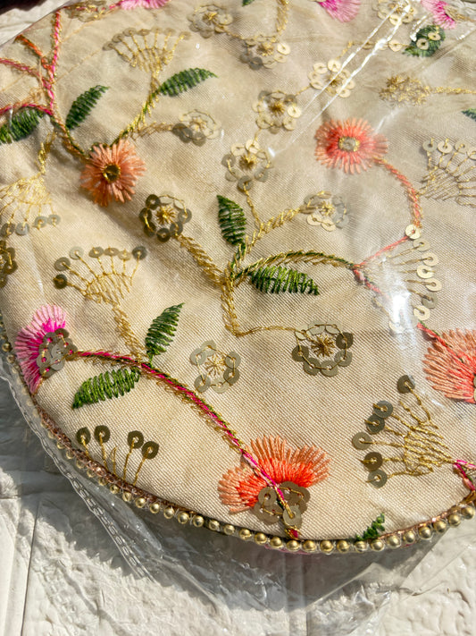Flower Embroidered Potli Bag -Biege