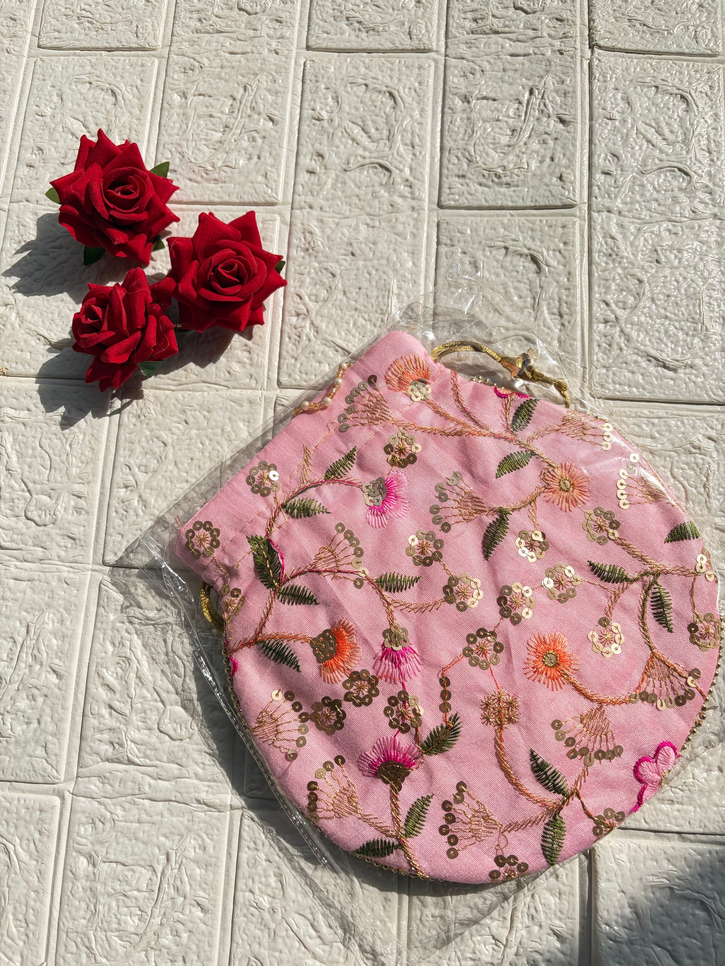 Flower Embroidered Potli Bag -Pink