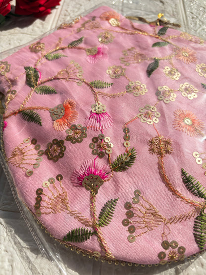 Flower Embroidered Potli Bag -Pink