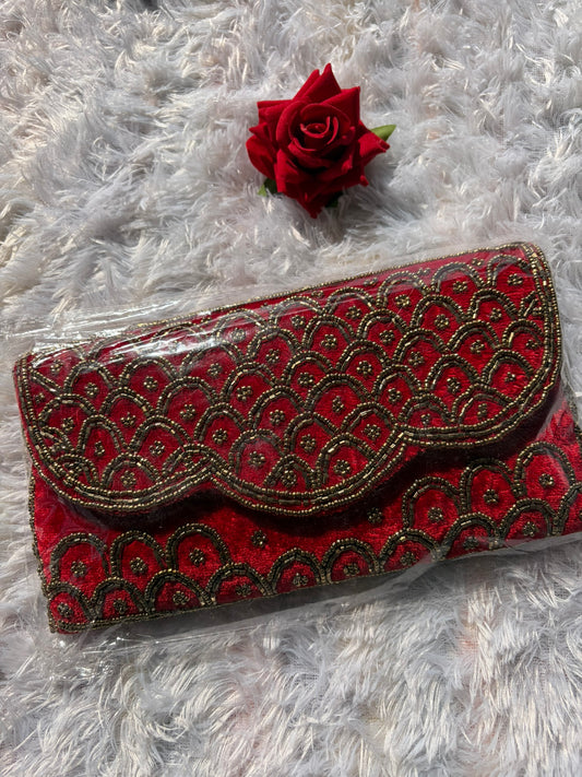 Velvet Embellished Clutch - Red