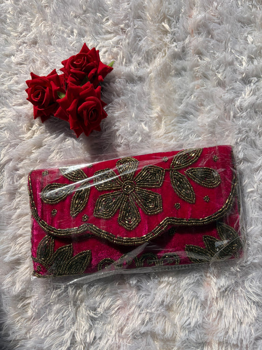 Velvet Embellished Clutch - Pink