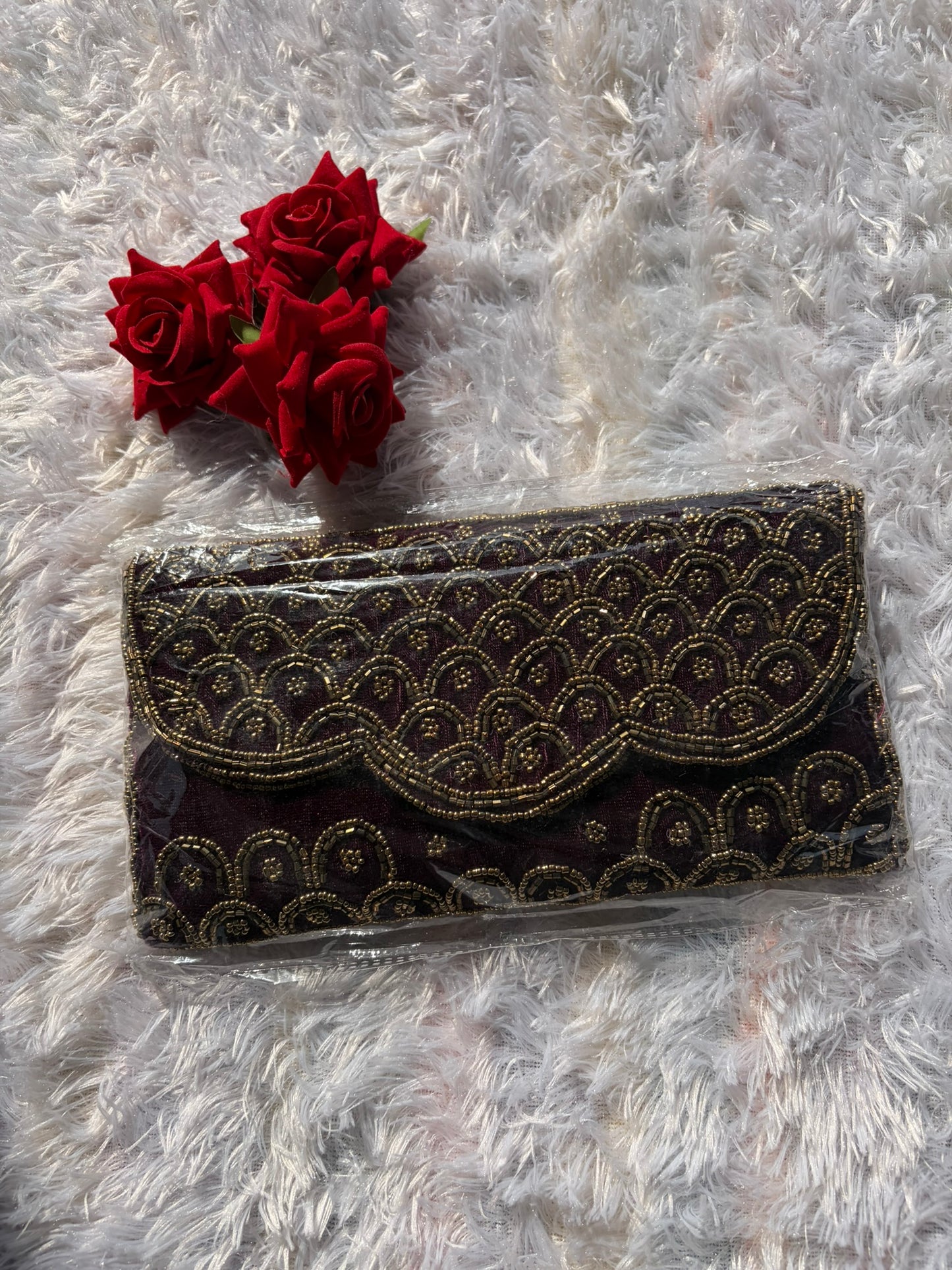Velvet Embellished Clutch - Wine