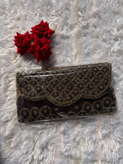 Velvet Embellished Clutch - Wine