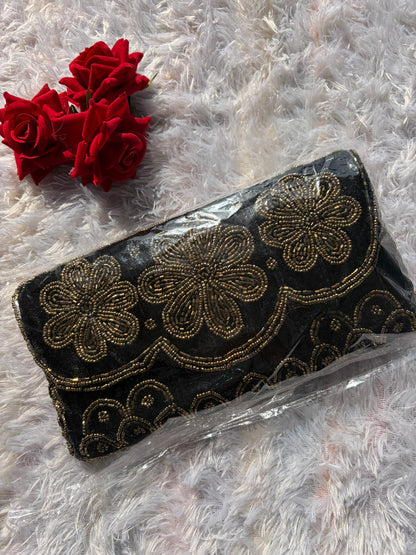 Velvet Embellished Clutch - Black