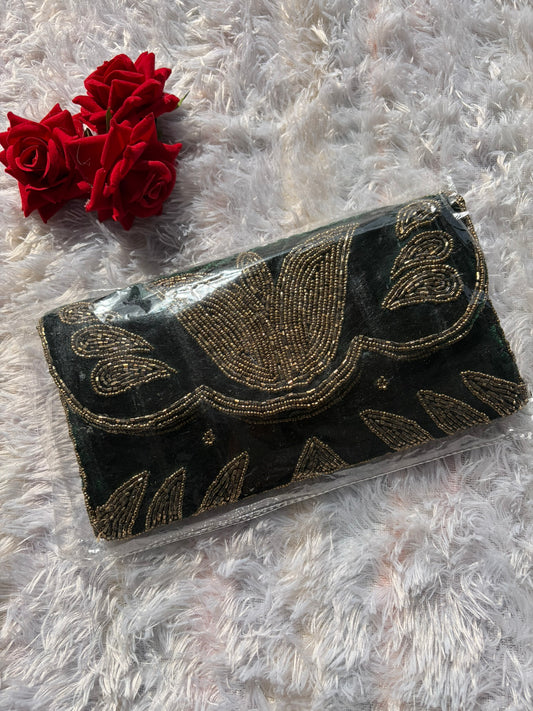 Velvet Embellished Clutch - Green