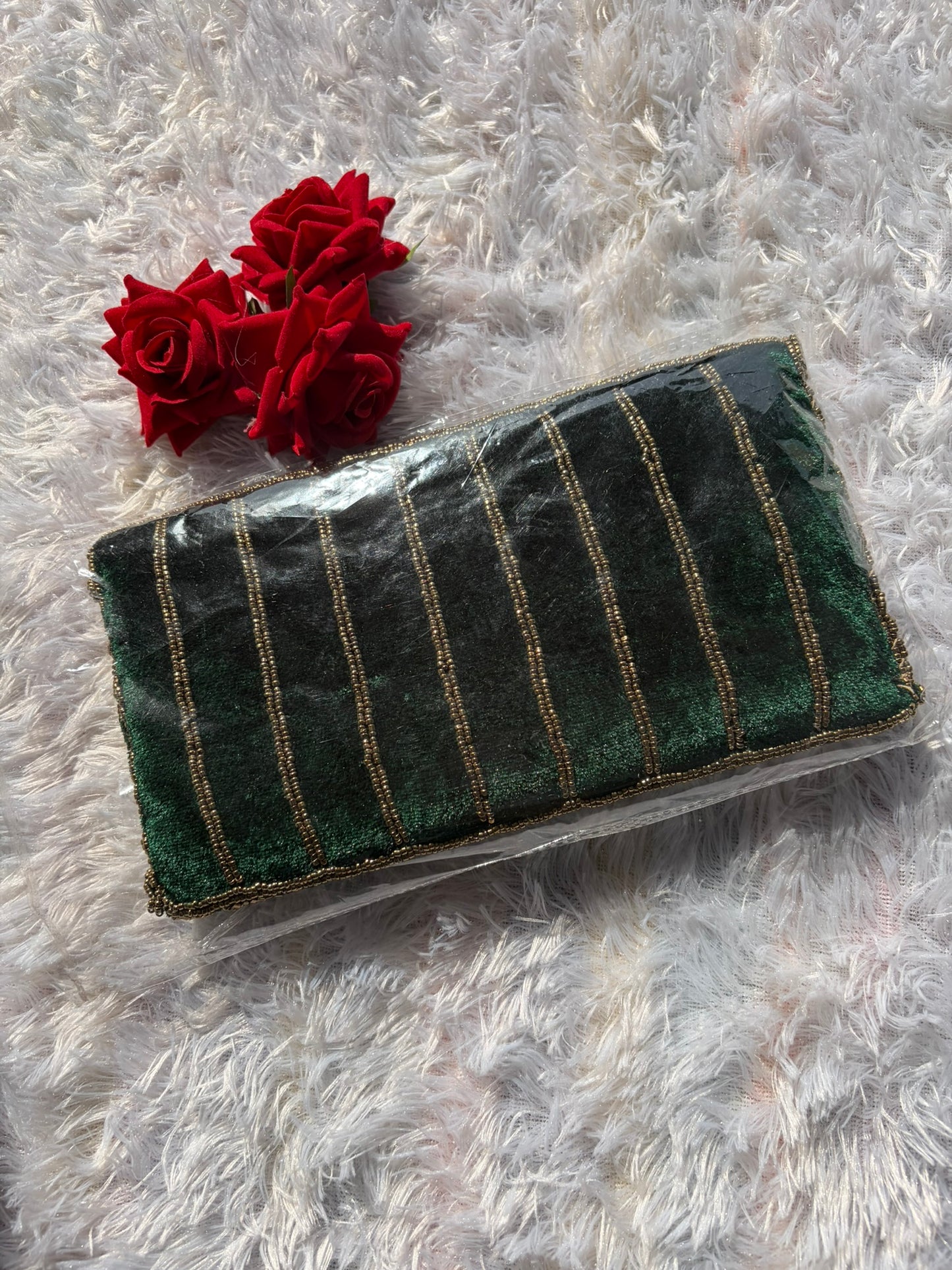 Velvet Embellished Clutch - Green
