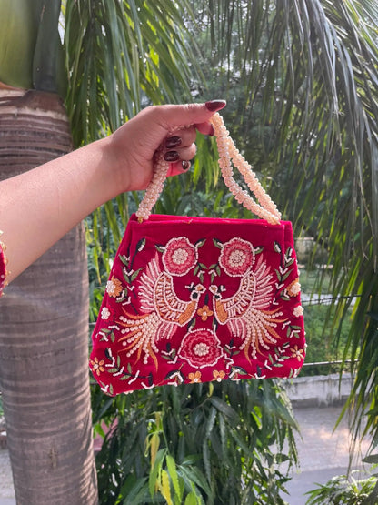 Velvet Peacock Hand Bag-Red