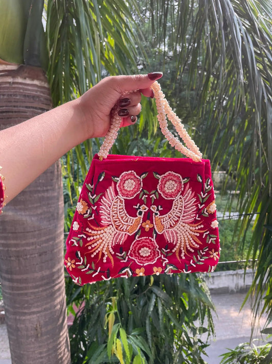 Velvet Peacock Hand Bag-Red